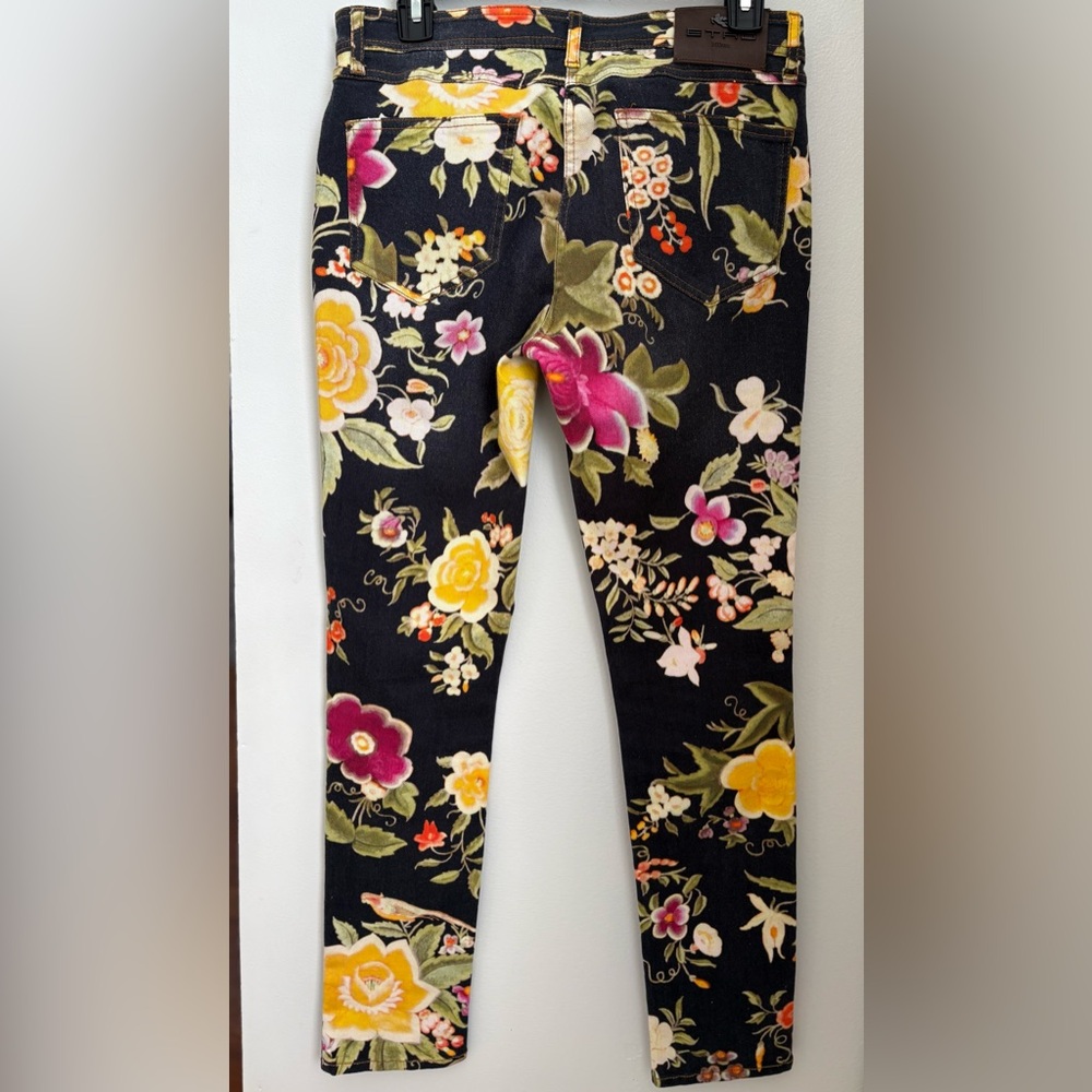 Etro Milano Designer Black Multicolor Floral Skinny Pants Size 29 Made In Italy - Picture 3 of 15